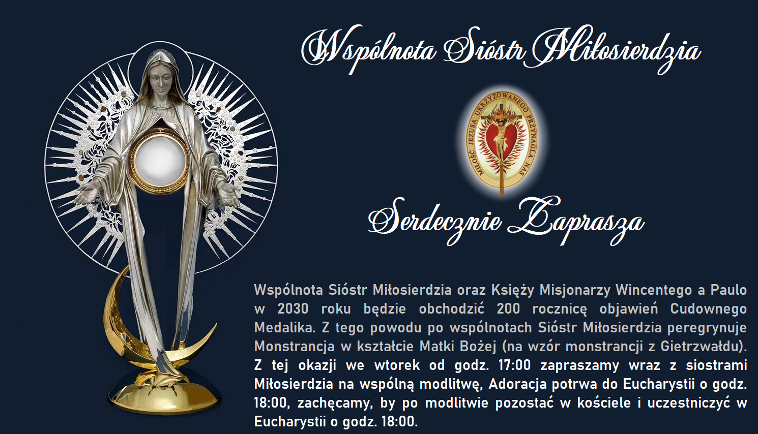 You are currently viewing Wspólnota Sióstr Miłosierdzia Zaprasza na perygrynację Monstrancji w kształcie Matki Bożej – 10 stycznia