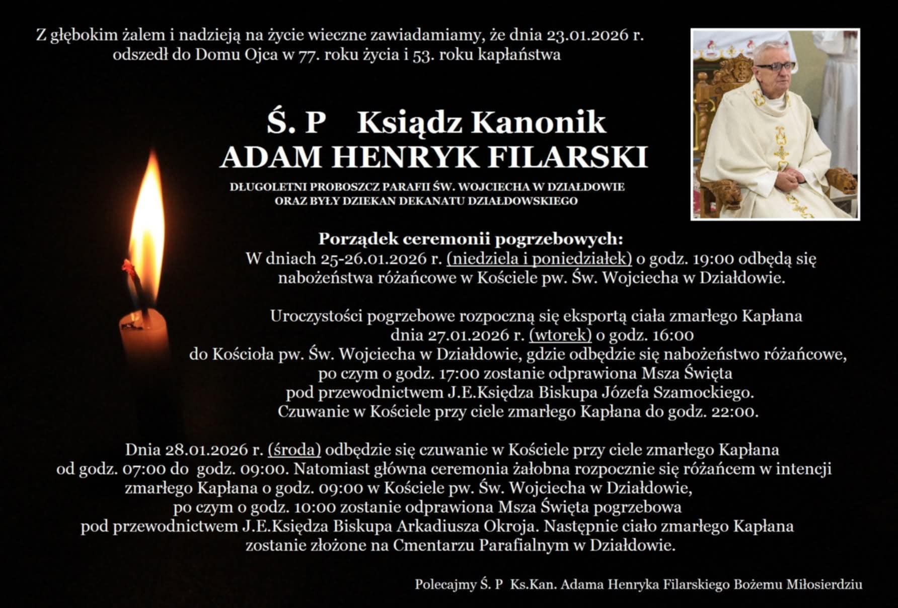 You are currently viewing Zmarł śp. ks. kan. Adam Henryk Filarski (1949–2026) – kapłan pochodzący z naszej parafii